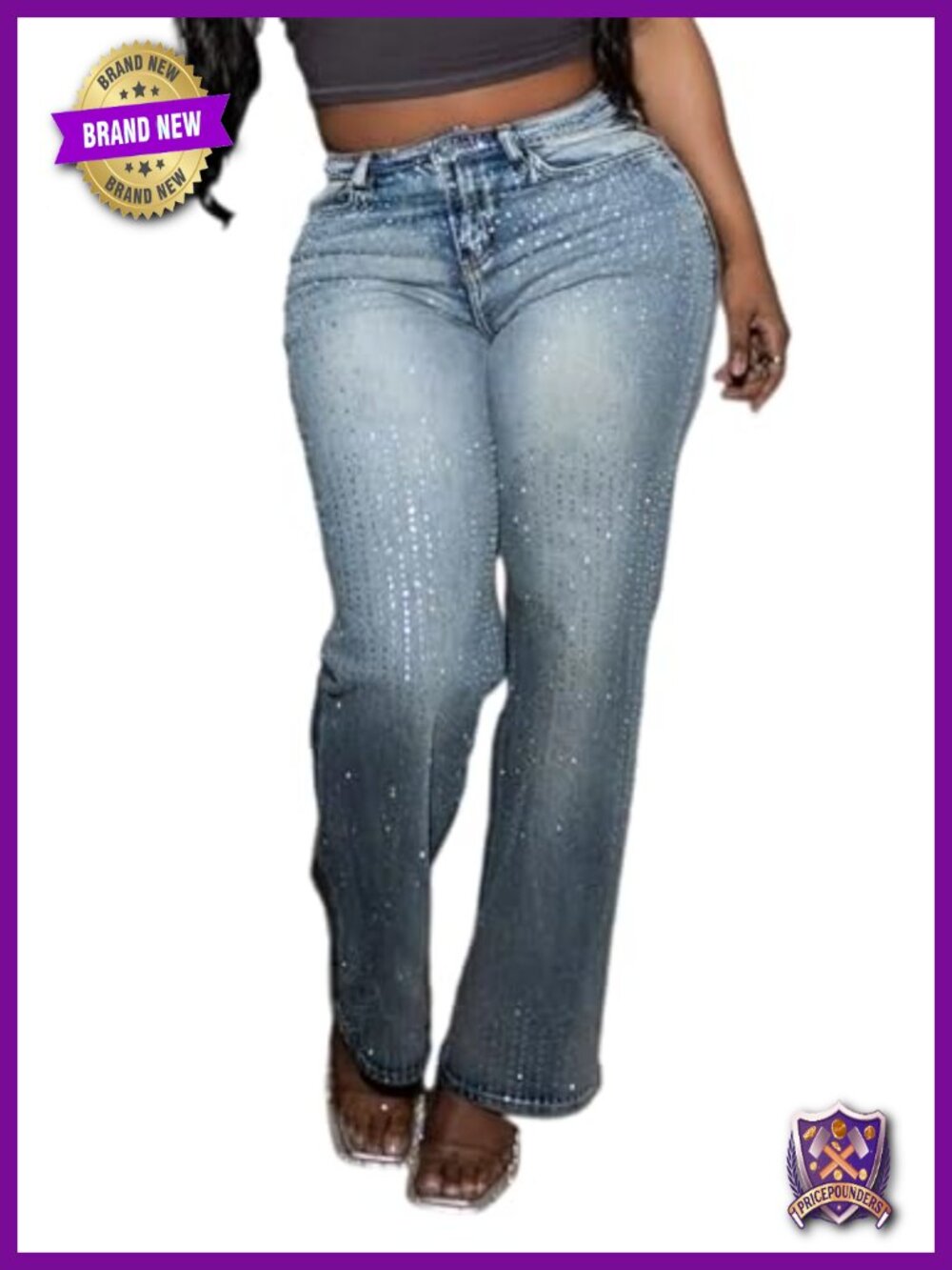 Women's High Waisted Straight Leg Rhinestone Denim Jeans Stretch Y2K Bling
